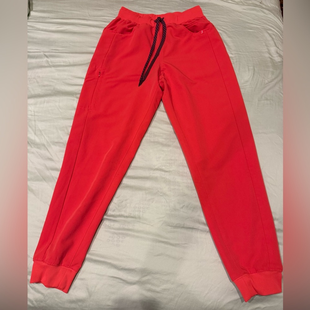 Women’s Jaanuu Bright Coral Red Jogger Scrub pants with Drawstring Small